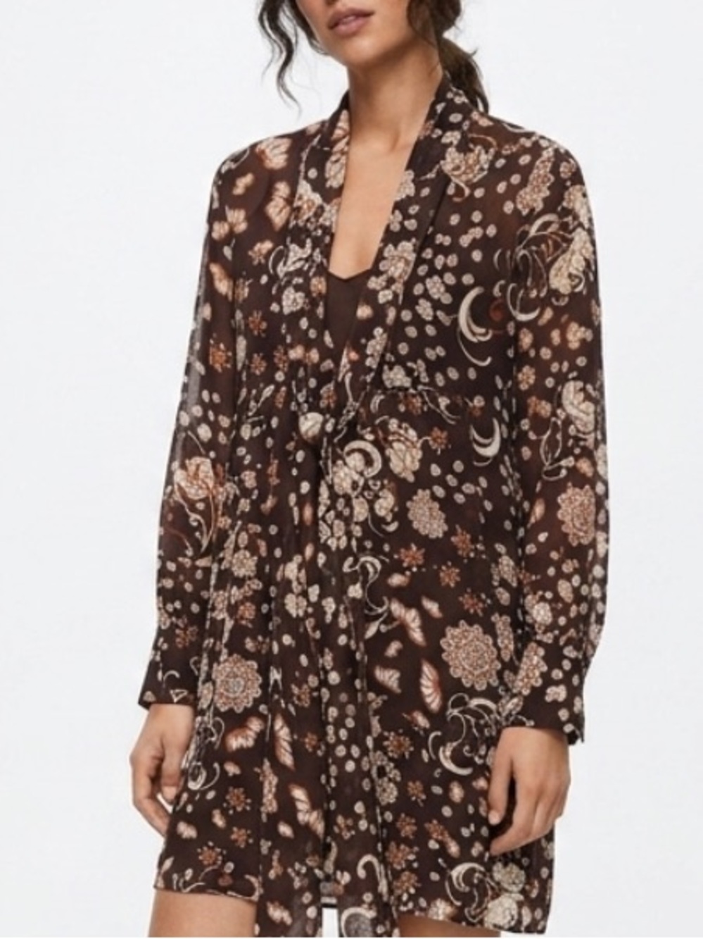 Zara Brown Floral Print Long-Sleeve Dress size